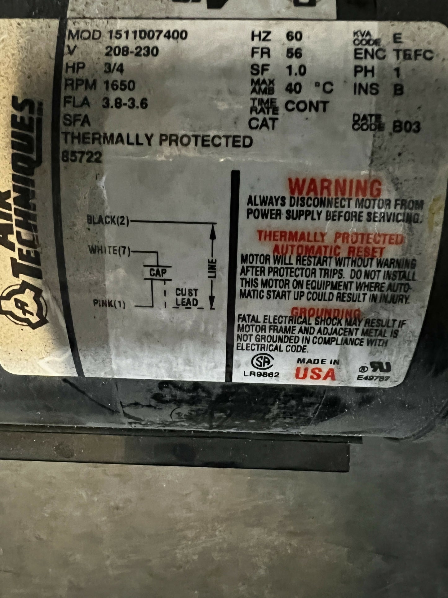 Air Techniques 3/4HP Motor